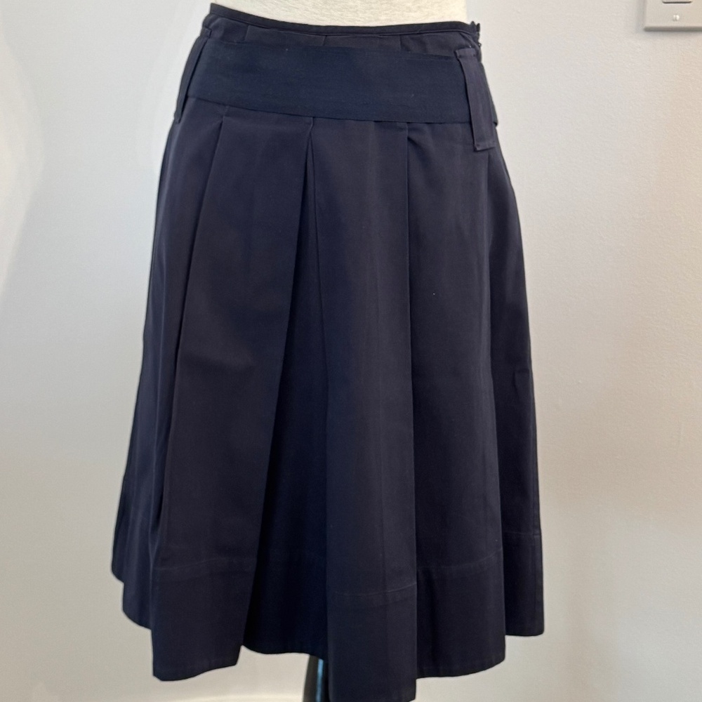 Purificacion Garcia Navy Knee Length Cotton Pleated Skirt, Pockets & Belt EU 38